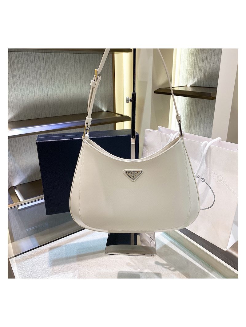 Prada Cleo Brushed Leather Shoulder Bag 1BC156 White