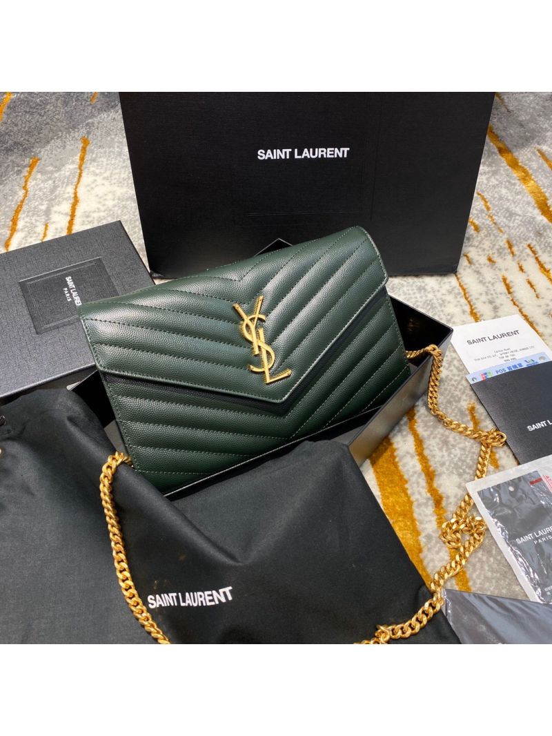 YSL Saint Laurent Monogram Chain Wallet Grain De Poudre Textured Matelasse Leather Green