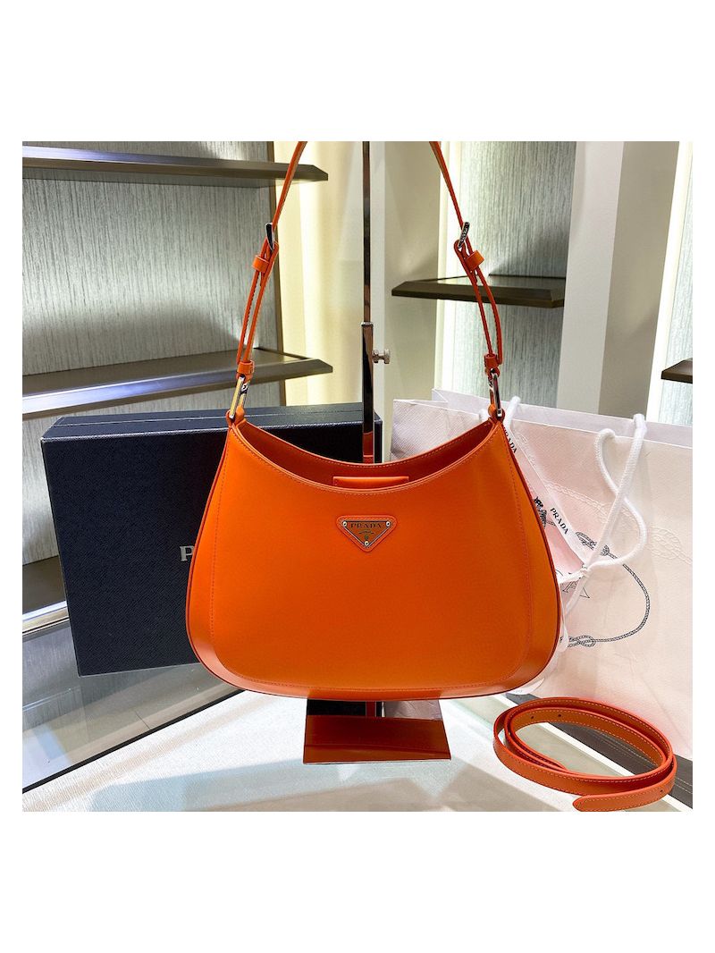 Prada Cleo Brushed Leather Shoulder Bag with Strap Extension 1BC156 Orange