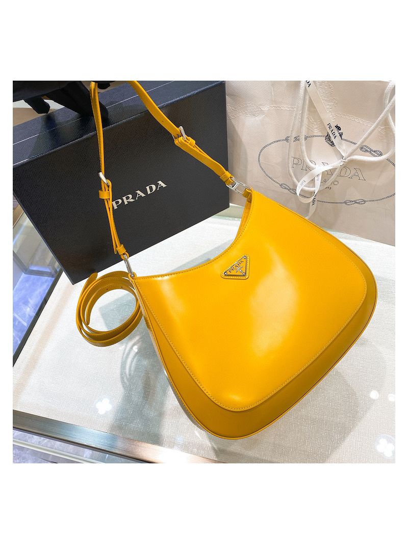 Prada Cleo Brushed Leather Shoulder Bag with Strap Extension 1BC156 Yellow