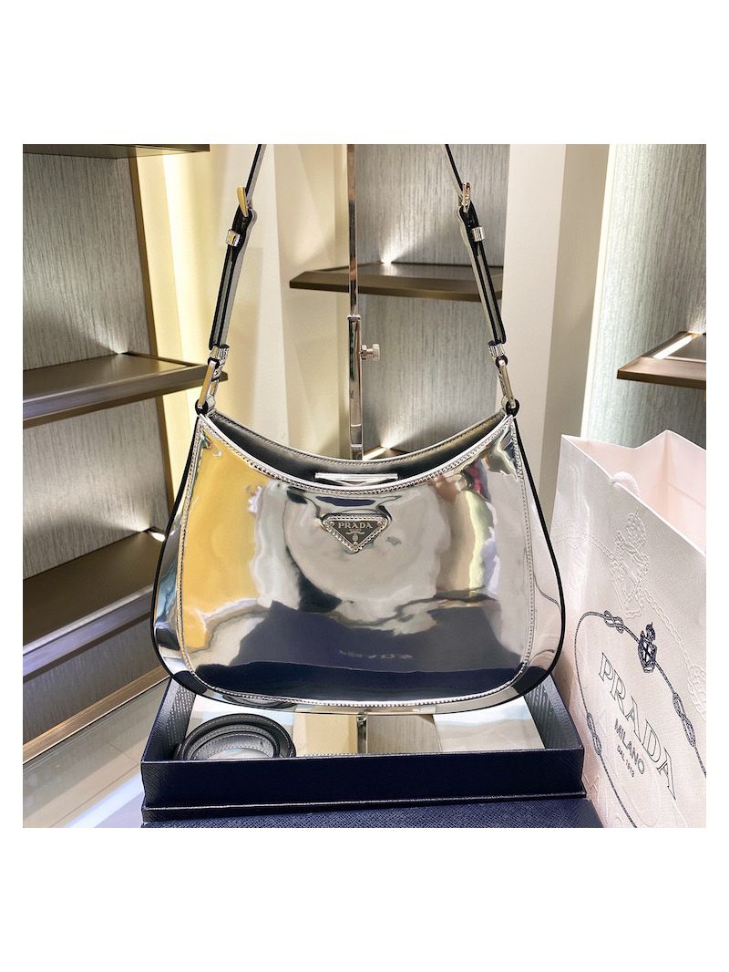 Prada Cleo Brushed Leather Shoulder Bag with Strap Extension 1BC156 Silver