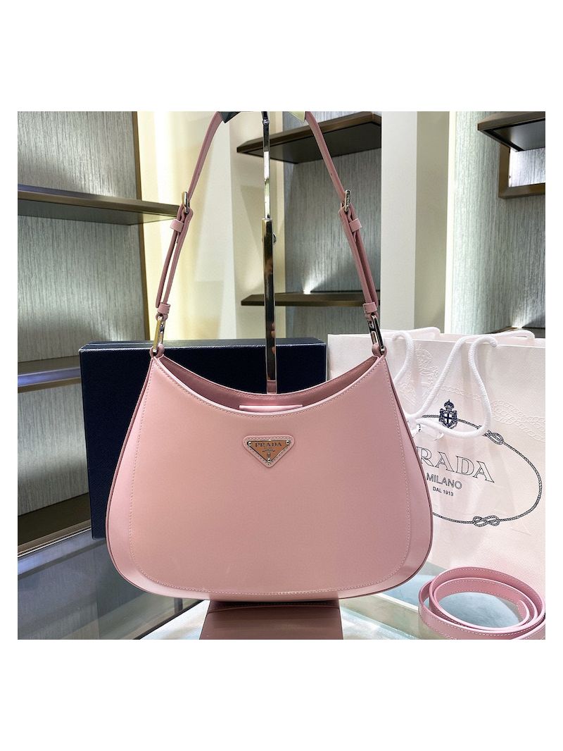 Prada Cleo Brushed Leather Shoulder Bag with Strap Extension 1BC156 Alabaster Pink