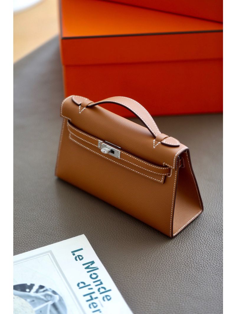 Hermes Kelly Pochette Clutch Bag in Brown Epsom Leather