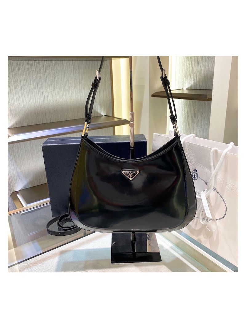 Prada Cleo Brushed Leather Shoulder Bag with Strap Extension 1BC156 Black