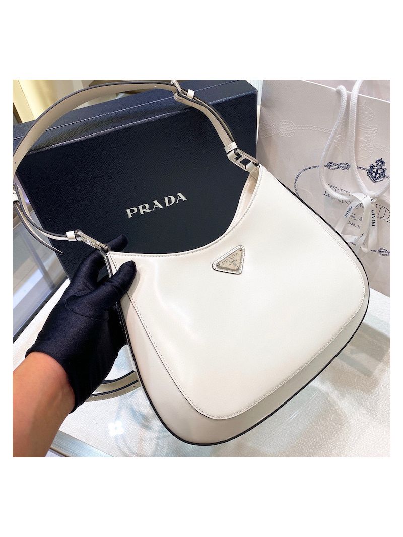 Prada Cleo Brushed Leather Shoulder Bag with Strap Extension 1BC156 White