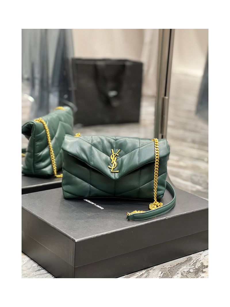 YSL Saint Laurent Mini Loulou Puffer Toy Bag In Quilted Lambskin Dark Green