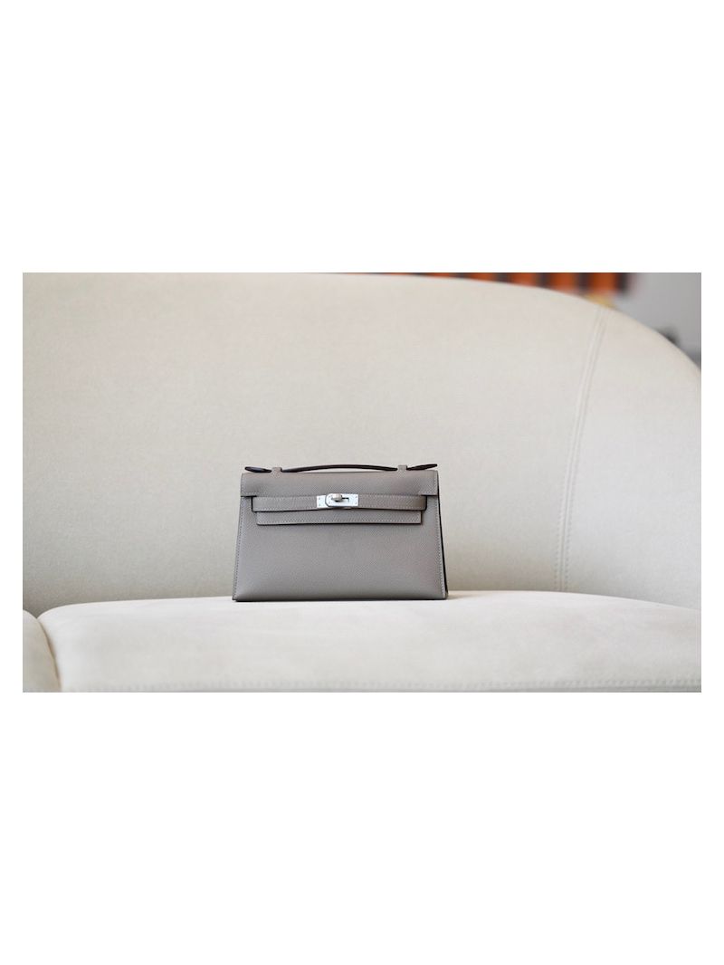 Hermes Kelly Pochette Clutch Bag in Gris Asphalt Epsom Leather