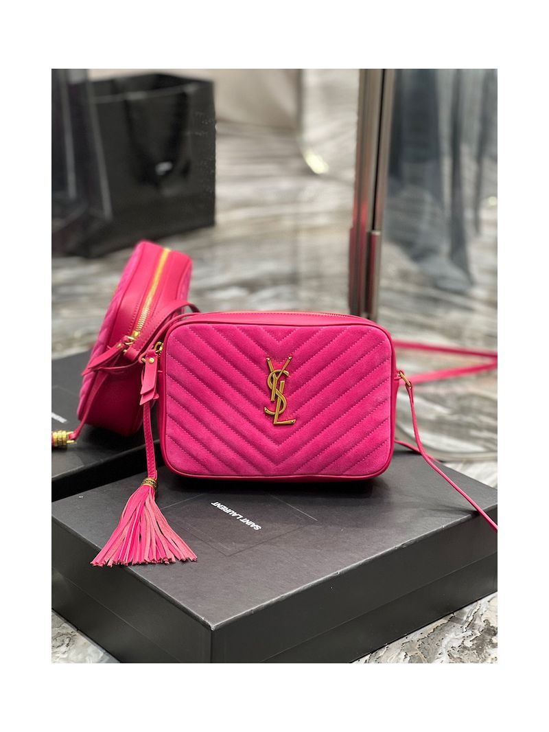 YSL Saint Laurent Lou Camera Bag In Quilted Suede And Smooth Leather 612544 Pink
