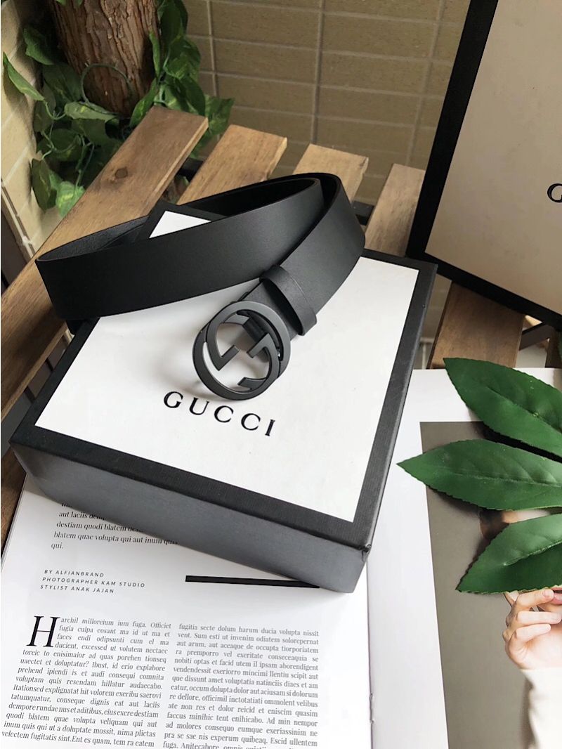 Gucci Leather belt with interlocking G 368186 Black Hardware