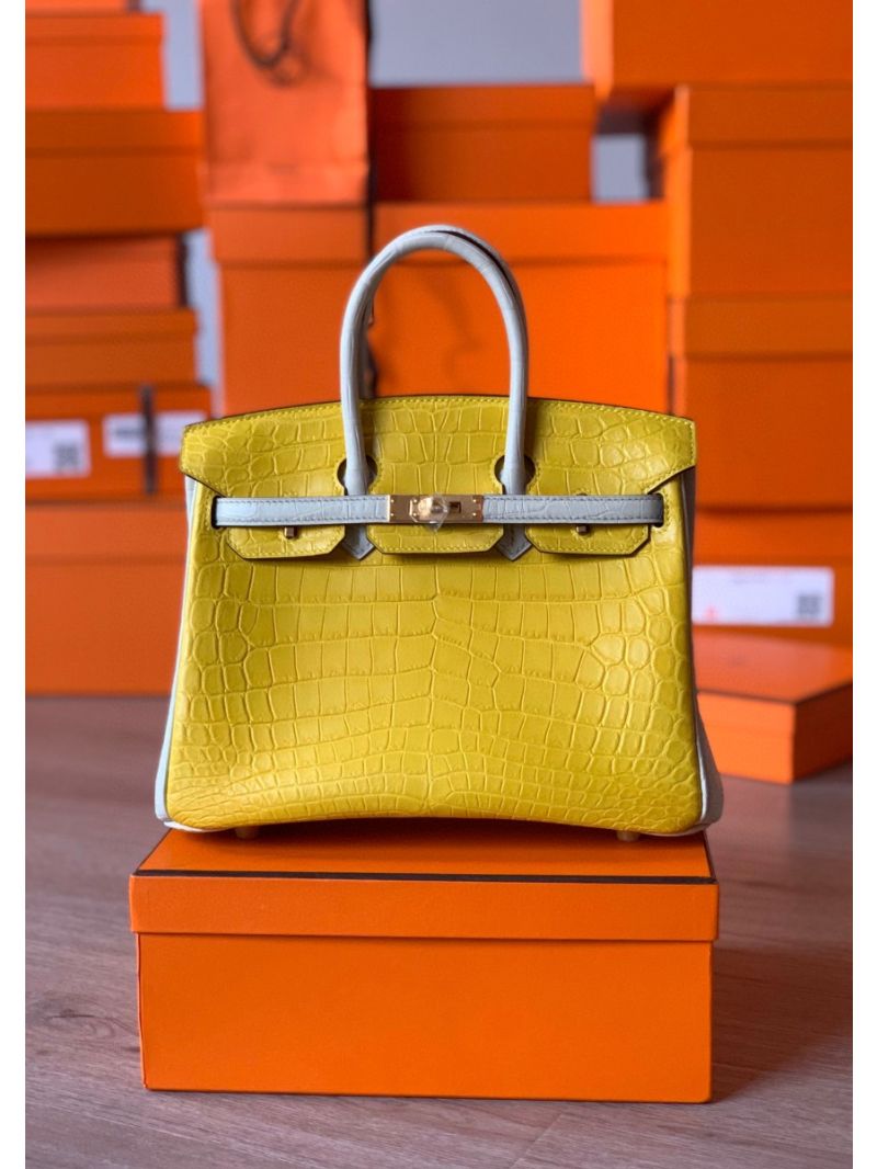 Hermes Birkin Matte Alligator Leather Bi-Color Lemon Yellow and Pearl Grey