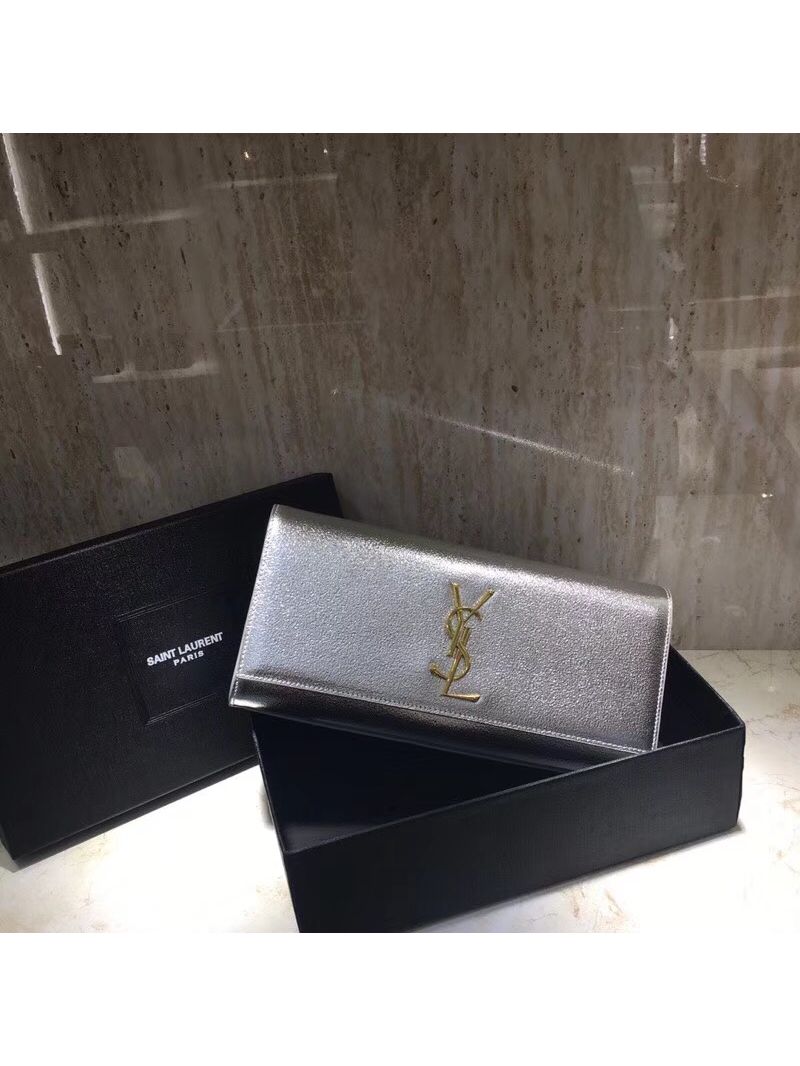 YSL Saint Laurent Classic Monogram Clutch In Grain Metallic Leather Silver