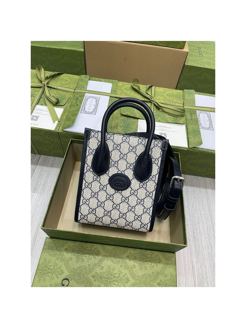 Gucci Mini Tote Bag With Interlocking G Beige and Blue GG Supreme 671623