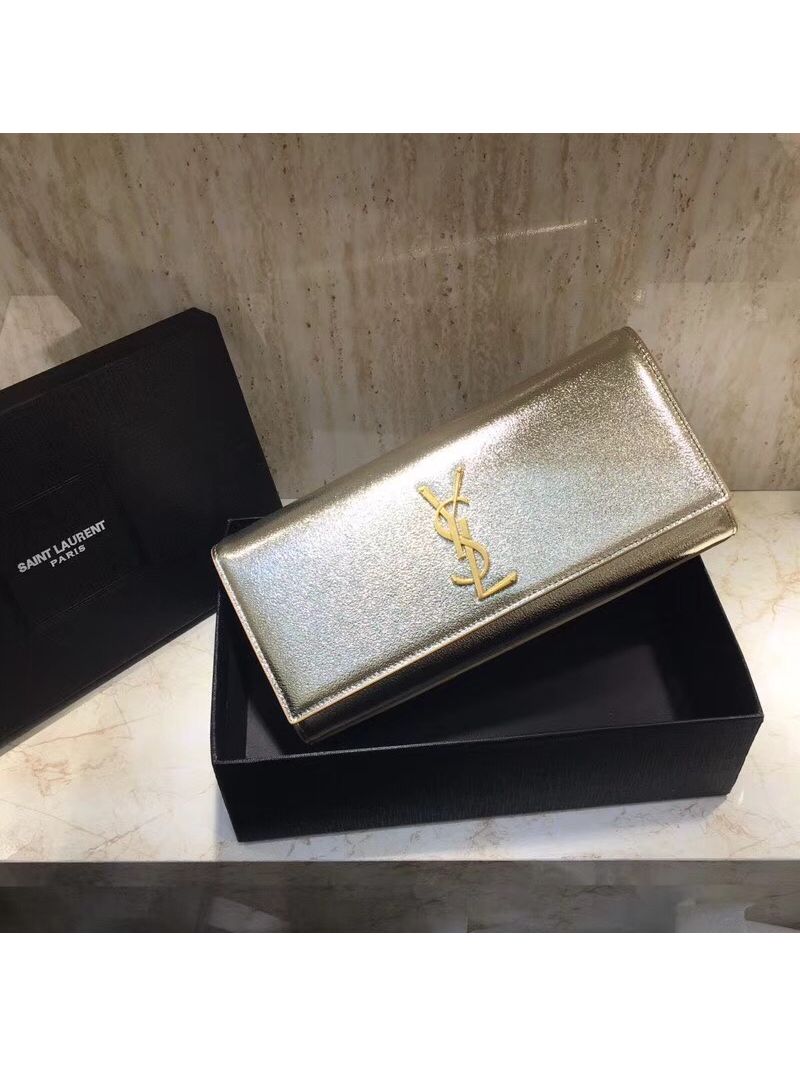 YSL Saint Laurent Classic Monogram Clutch In Grain Metallic Leather Pale Gold