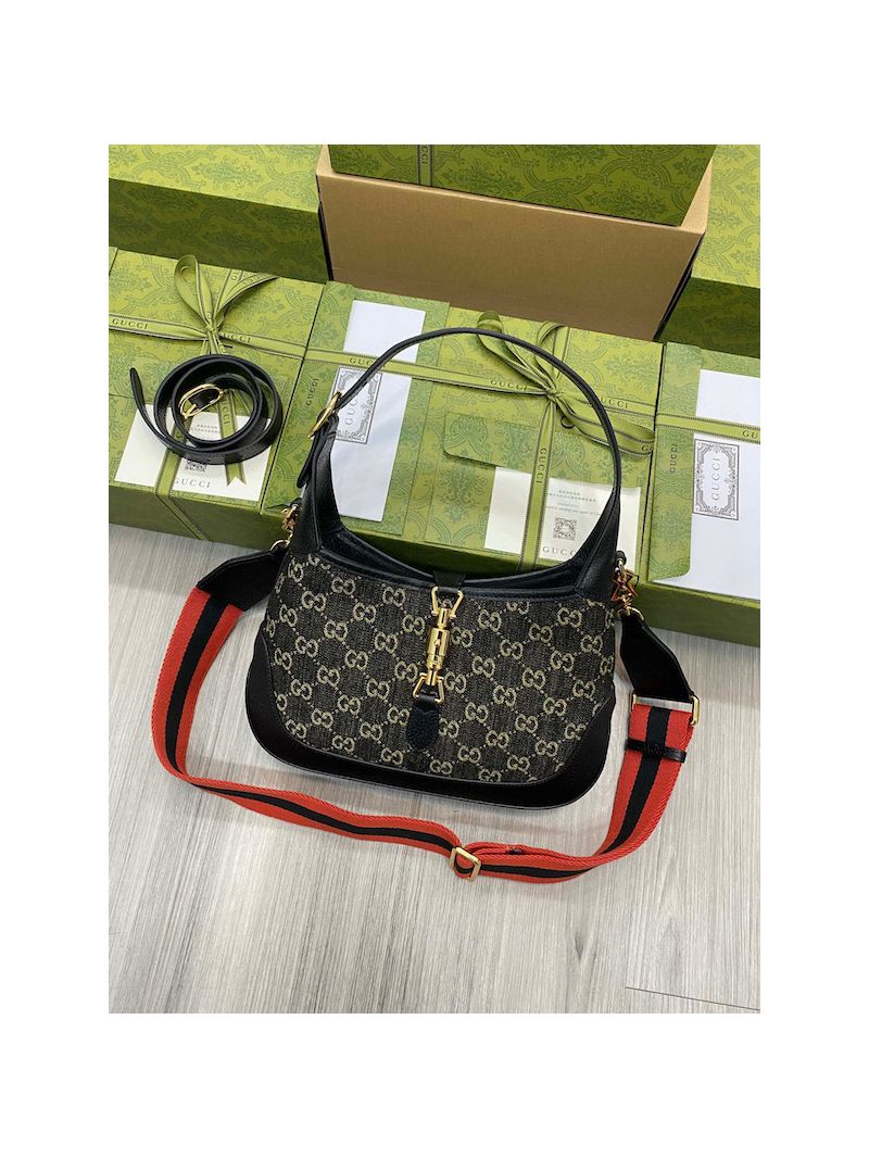 Gucci Jackie 1961 Small Shoulder Bag Black and Ivory GG Denim 678843