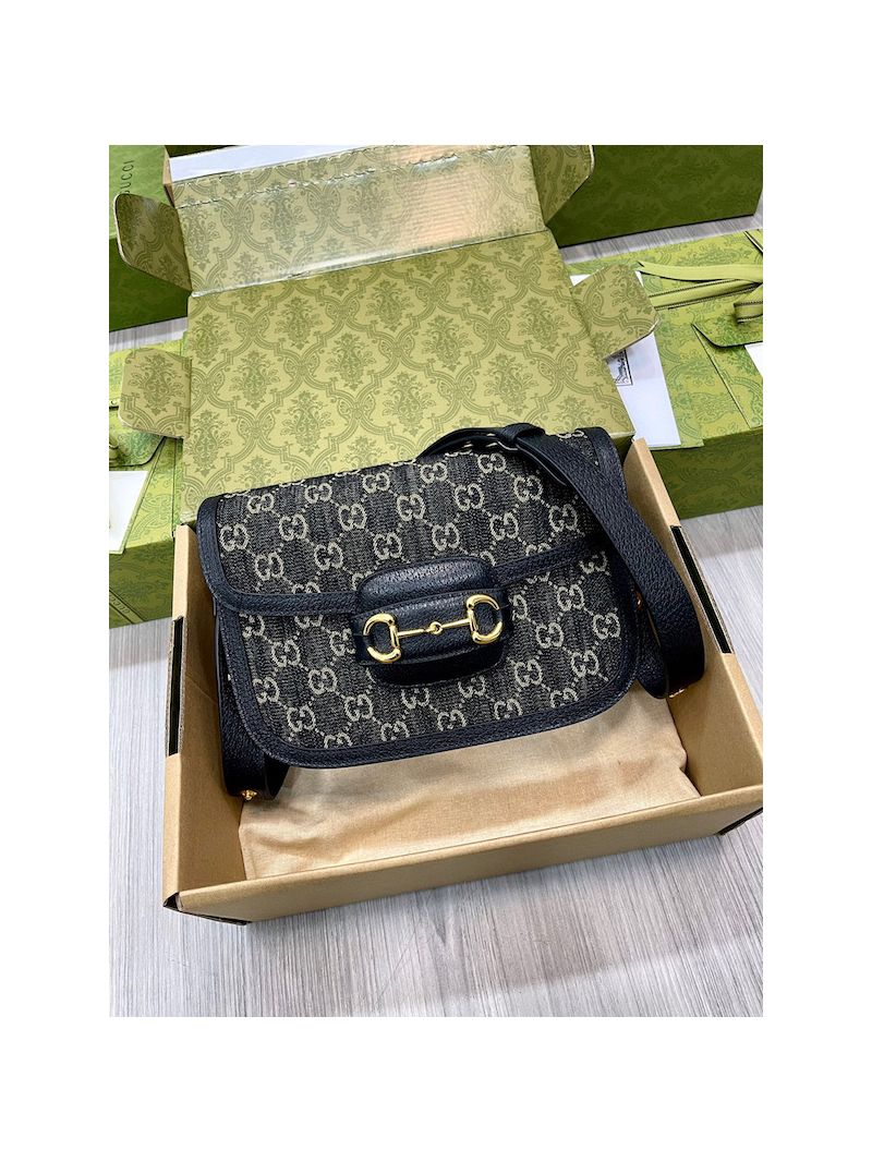 Gucci Horsebit 1955 Shoulder Bag Black and ivory GG Denim 602204