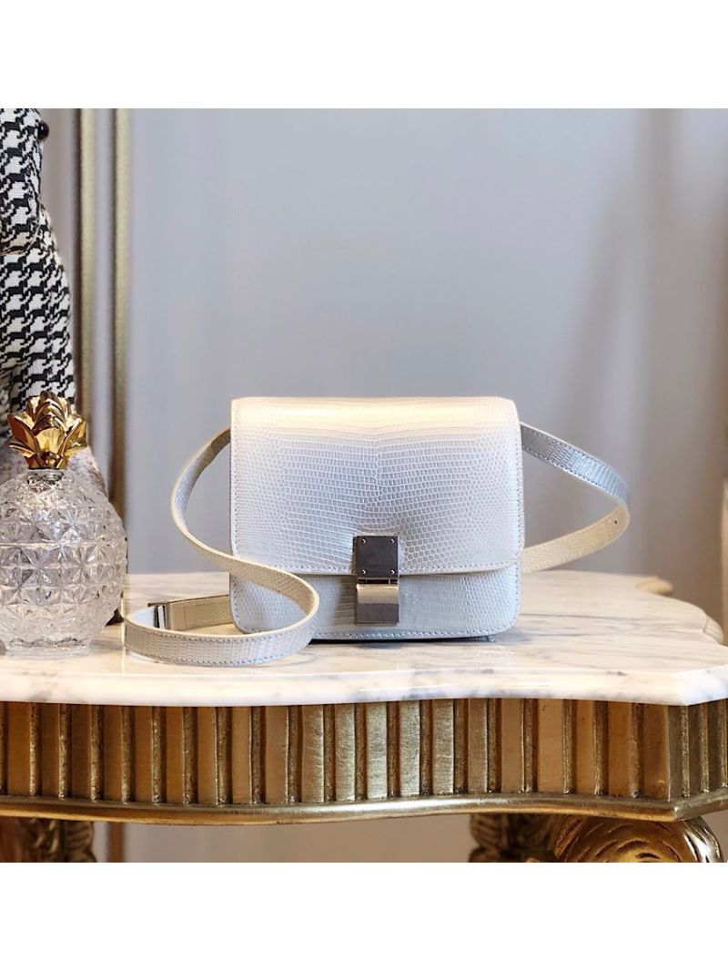 Celine Classic Box Bag in Lizard Leather Silvery White