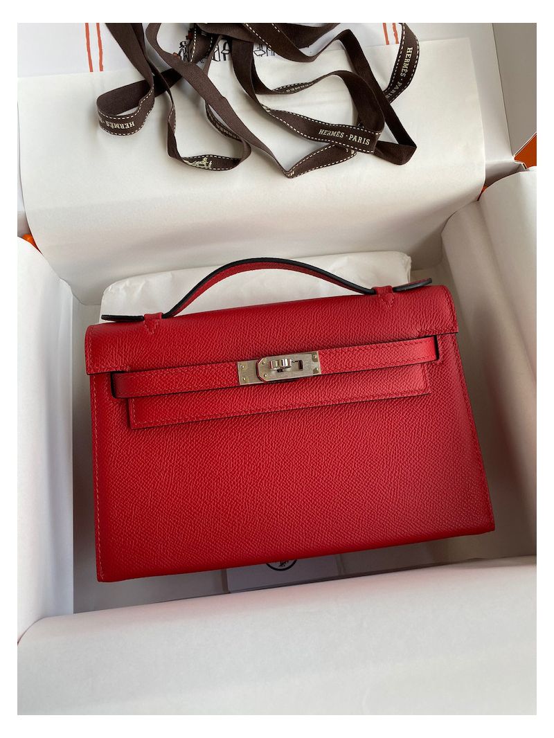 Hermes Kelly Pochette Clutch Bag in Red Epsom Leather