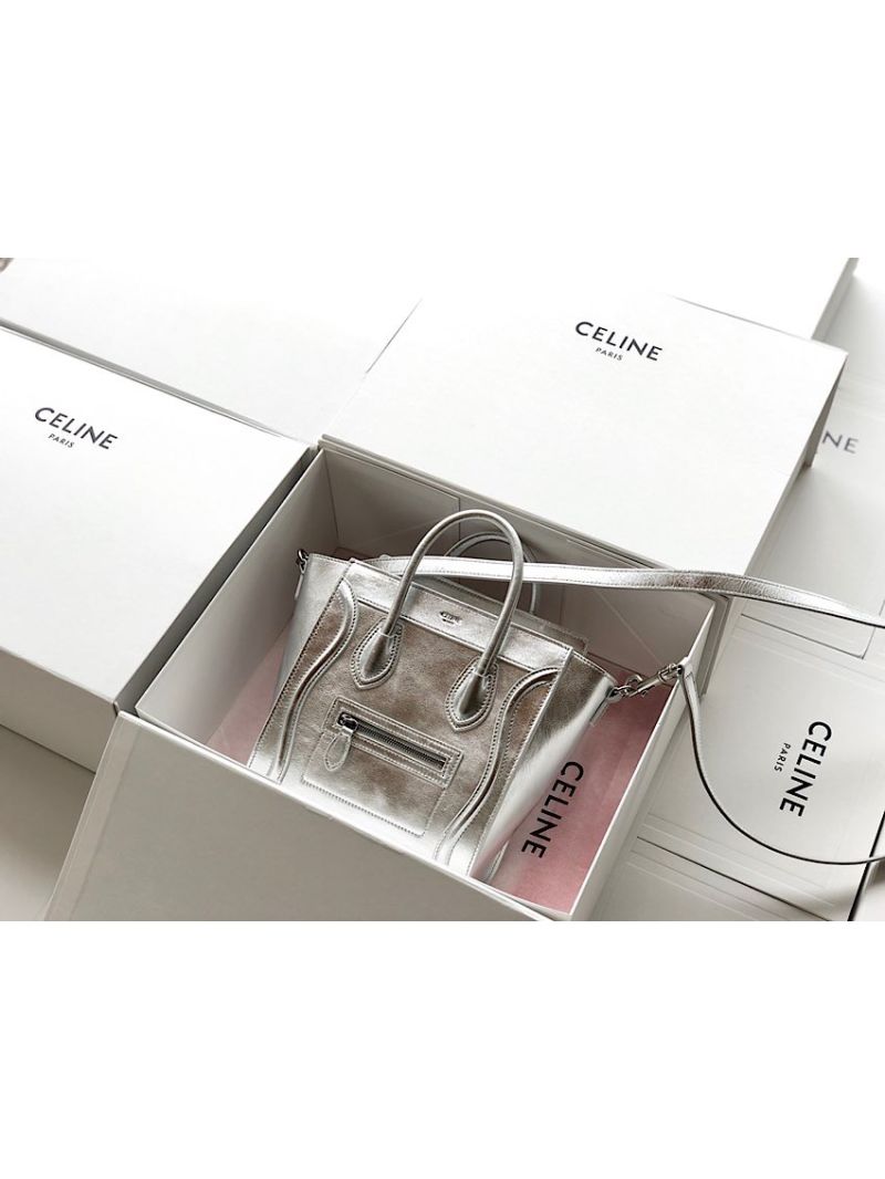 Celine Luggage Tote Bag Nano Micro in Laminated Lambskin Silver