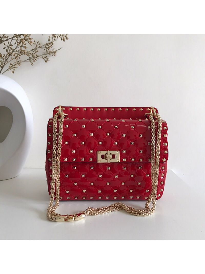 Valentino Garavani Rockstud Spike Patent Leather Chain bag Red