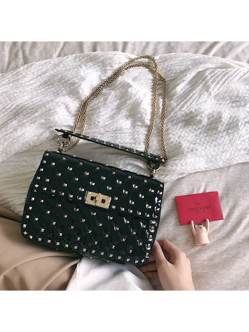 Valentino Garavani Rockstud Spike Patent Leather Chain bag Black