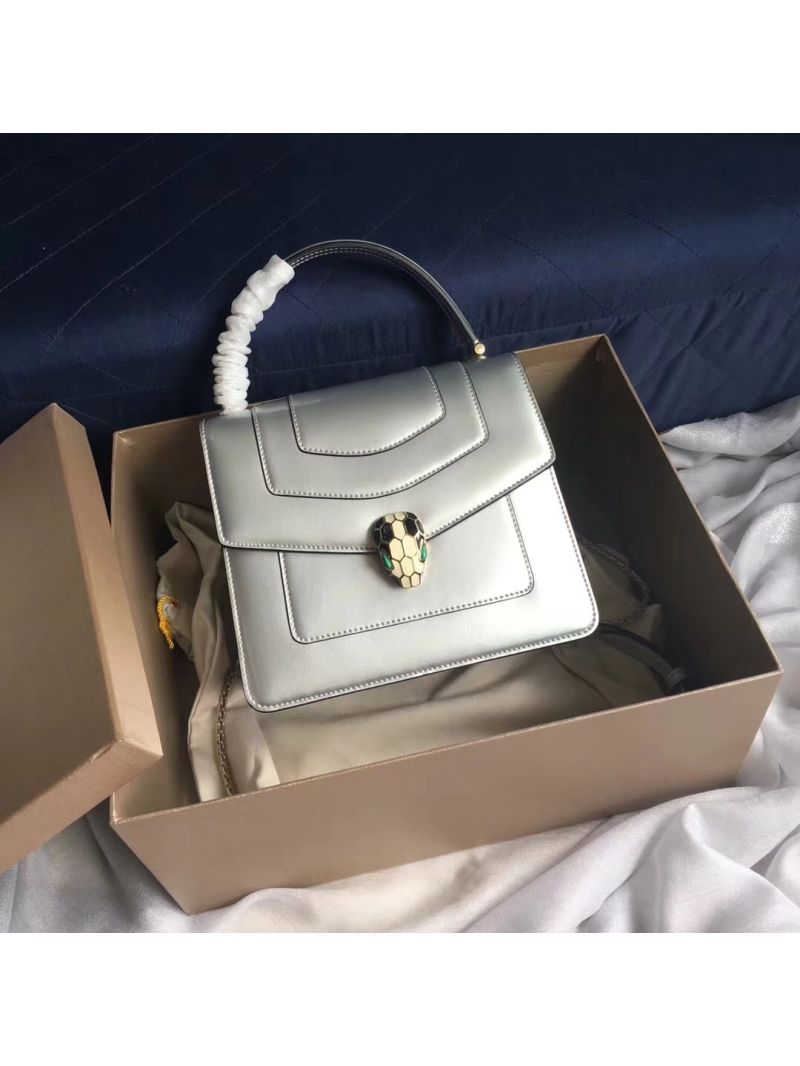 Bvlgari Serpenti Forever Flap Cover Bag in Metallic Silver with Handle 39790