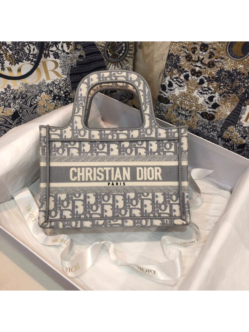 Dior Book Tote in Grey Dior Oblique Embroidered Canvas M1271