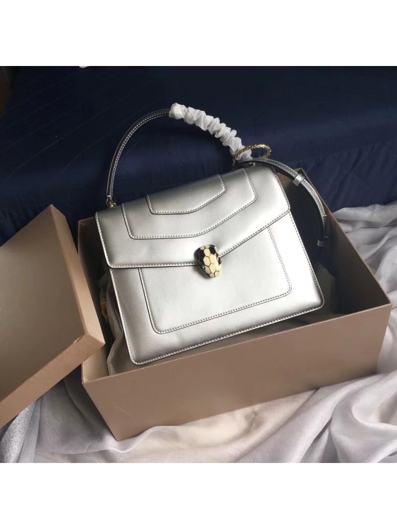 Bvlgari Serpenti Forever Flap Cover Bag in Metallic Silver with Handle 39792