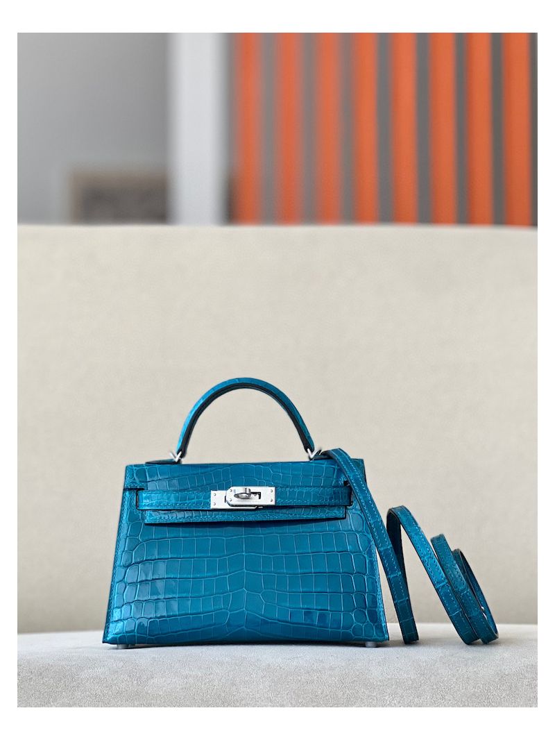 Hermès Mini Kelly Sellier II 20 in Shiny Alligator Leather 7W Blue Izmir