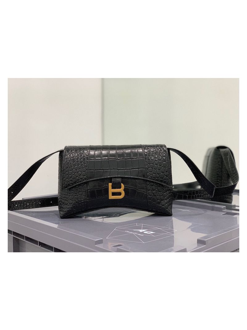 Balenciaga Downtown XS Shoulder Bag in Crocodile Embossed Calfskin Black in Gold Hardware 671355