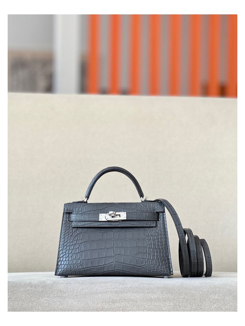 Hermès Mini Kelly Sellier II 20 in Matte Alligator Leather 88 Graphite Grey
