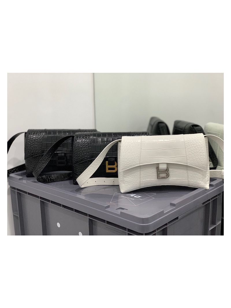 Balenciaga Downtown XS Shoulder Bag in Crocodile Embossed Calfskin White 671355