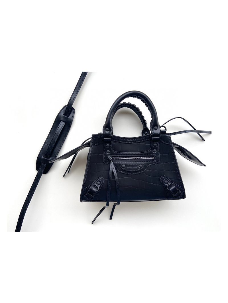 Balenciaga Neo Classic Top Handle Bag in Crocodile Embossed Calfskin 638524 Black