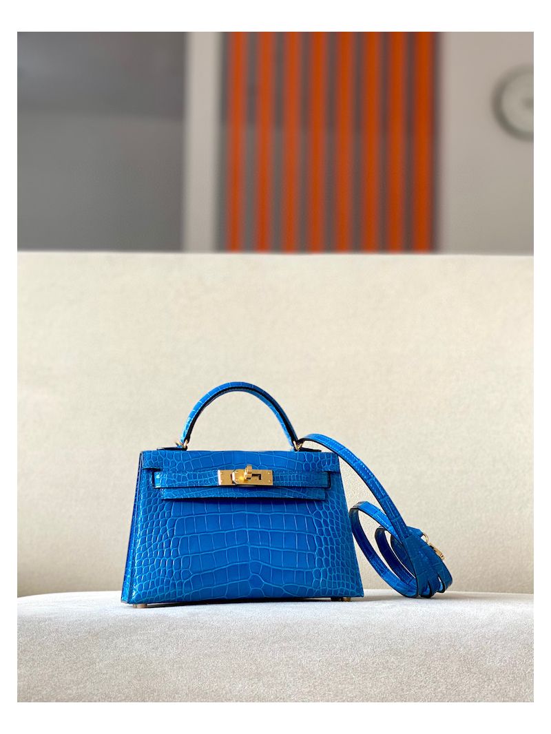Hermès Mini Kelly Sellier II 20 in Shiny Alligator Leather Blue Hydra