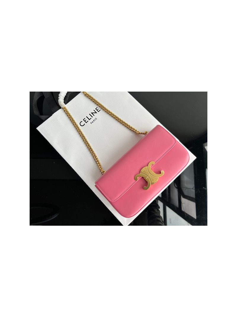 Celine Chain Shoulder Bag Triomphe In Shiny Calfskin 197993 Flamingo