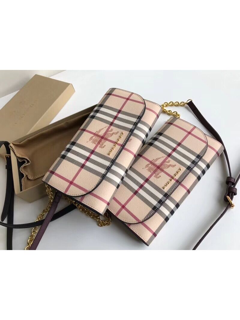 Burberry Black Leather Trim Haymarket Check Wallet with Chain