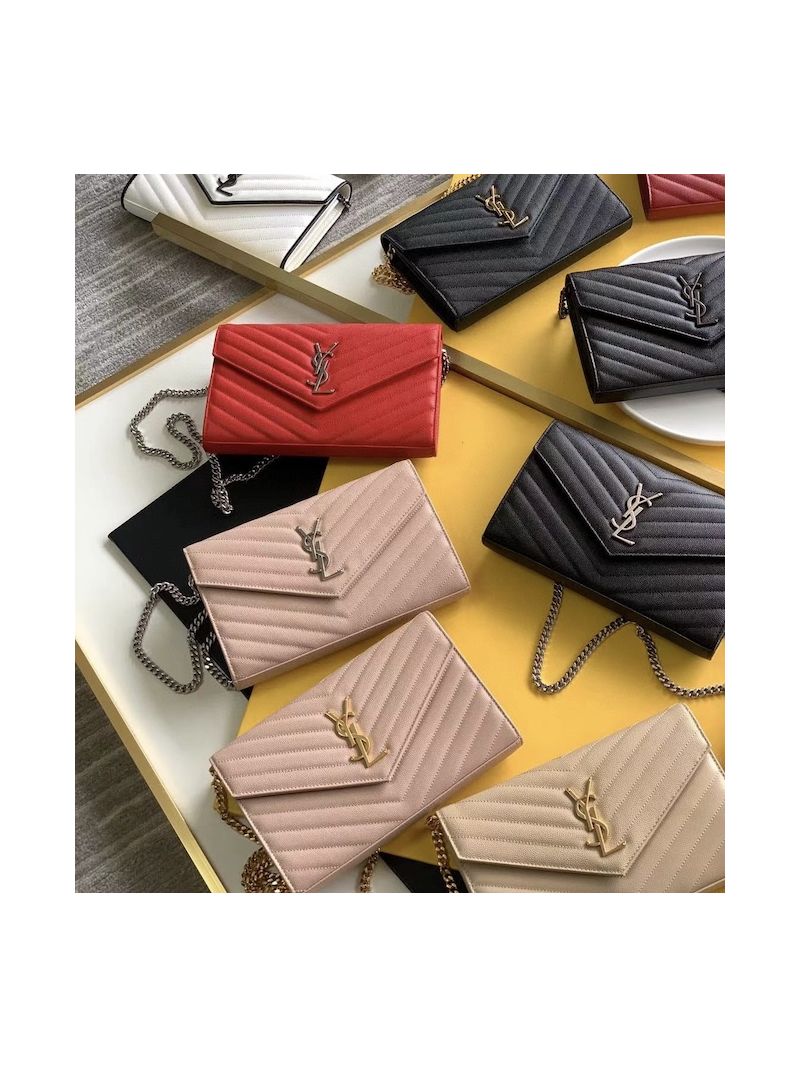 YSL Saint Laurent Monogram Chain Wallet Grain De Poudre Rose in Silver Hardware