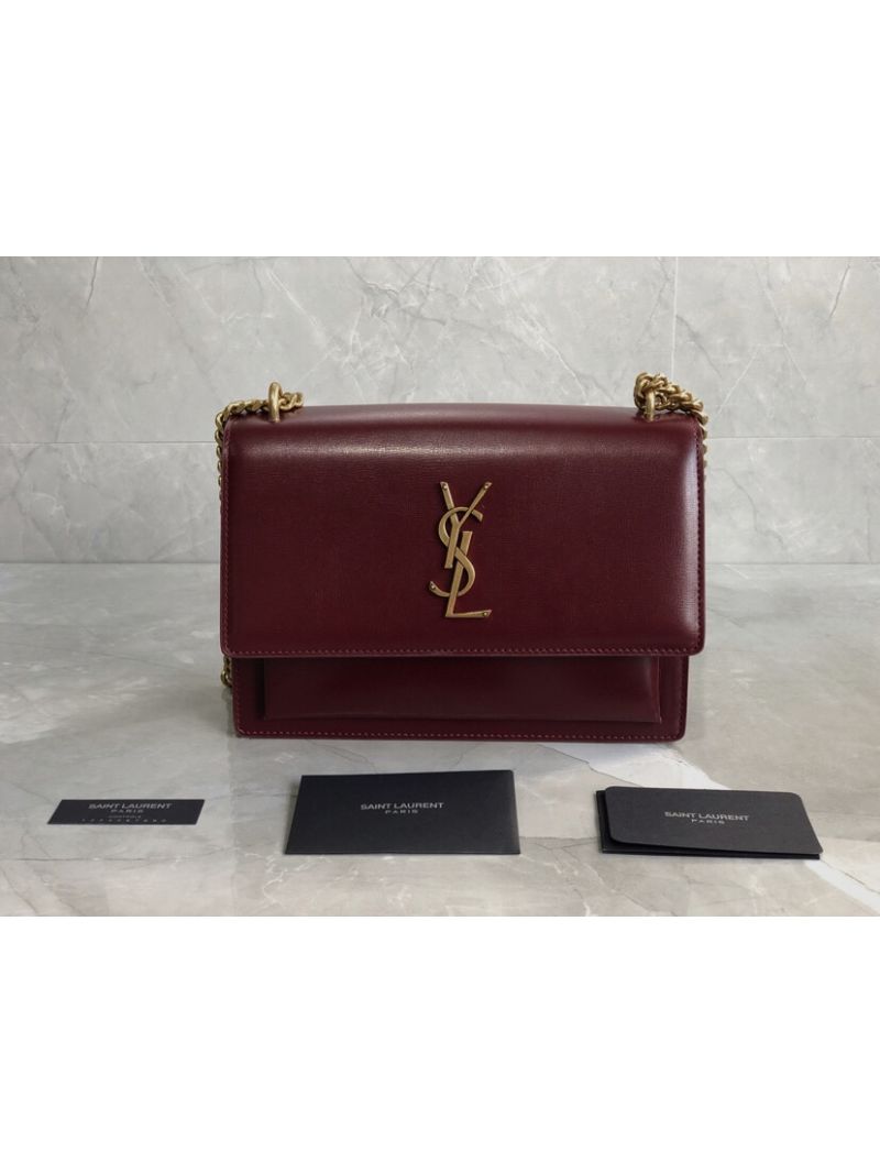 YSL Saint Laurent Sunset Medium In Smooth Leather 442906 Dark Legion Red Gold Hardware