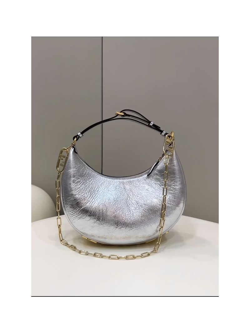 Fendi Fendigraphy Small Silver Soft Laminated Leather with Craquelé Effect Bag 8BR798A
