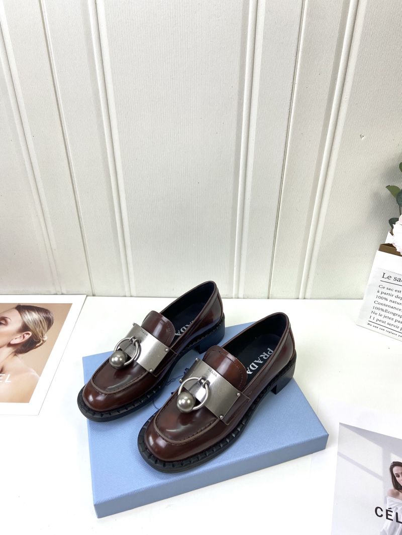 PRADA Brushed Leather Loafers with Metal Details 1D981N Brown