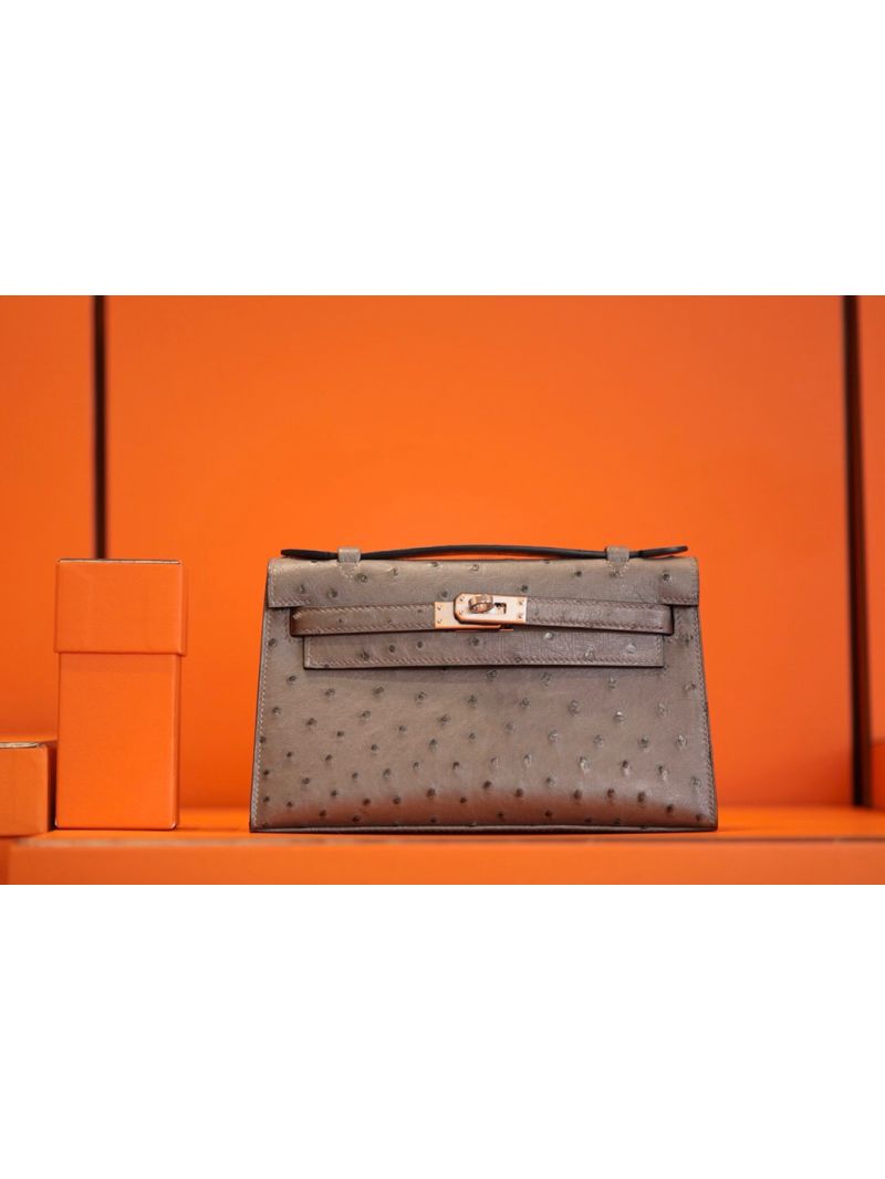 Hermes Kelly Pochette Clutch Bag in Ostrich Leather CK81 Gris Tourterelle