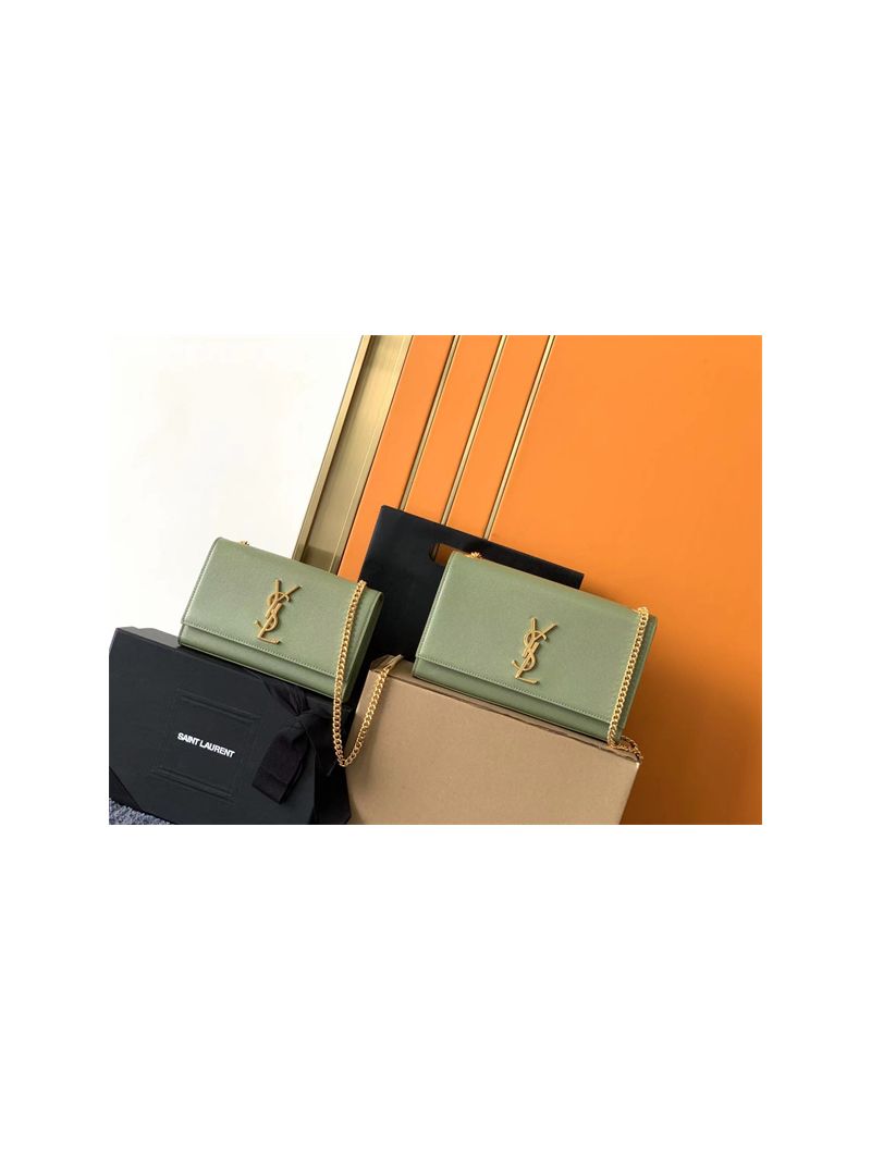 YSL Saint Laurent Kate small chain bag in grain de poudre embossed leather 469390 avocado green