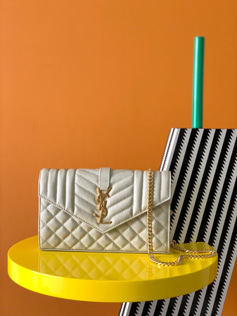 YSL Saint Laurent Monogram Chain Wallet In Mix Matelassé Grain De Poudre Embossed Leather 620280 White