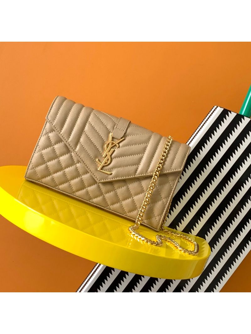 YSL Saint Laurent Monogram Chain Wallet In Mix Matelassé Grain De Poudre Embossed Leather 620280 Beige