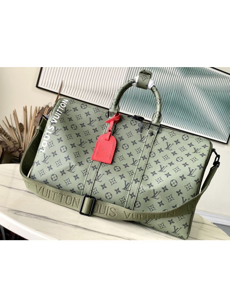  Louis Vuitton LV Keepall Bandoulière 45 in Monogram Tones M23962 - Khaki Green/Vermillion Red