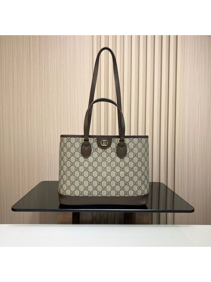 Gucci Ophidia GG Mini Tote Bag - Beige/Ebony GG Supreme Canvas with Brown Leather Trim 765043