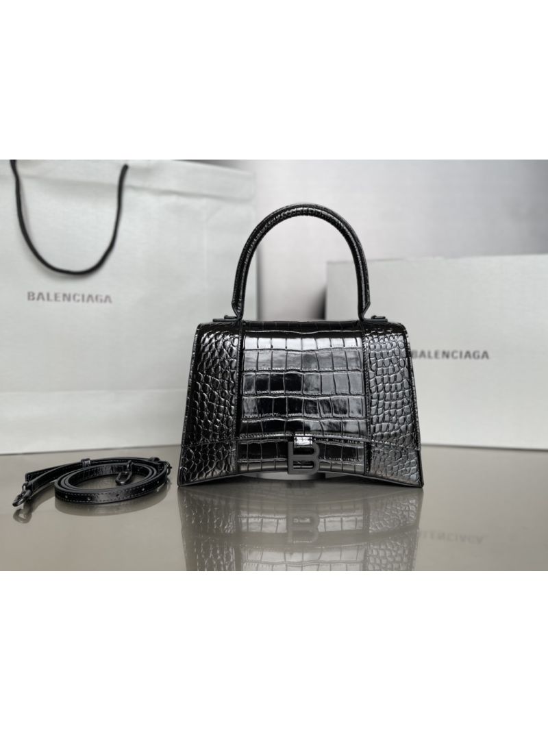 Balenciaga Women's Hourglass Medium Handbag Crocodile Embossed in Black