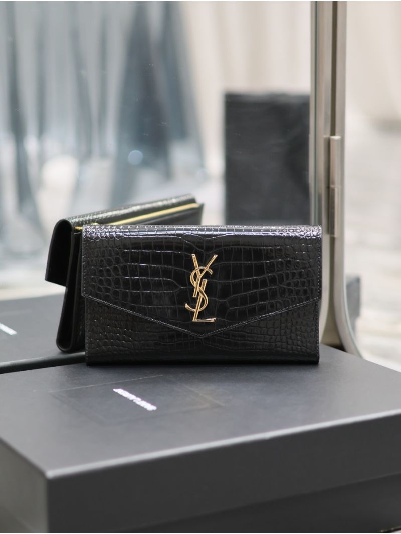 Saint Laurent YSL Uptown Large Wallet in Crocodile-Embossed Shiny Leather black 582124