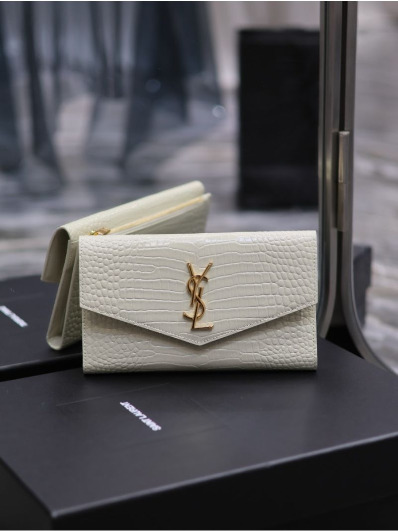Saint Laurent YSL Uptown Large Wallet in Crocodile-Embossed Shiny Leather white
