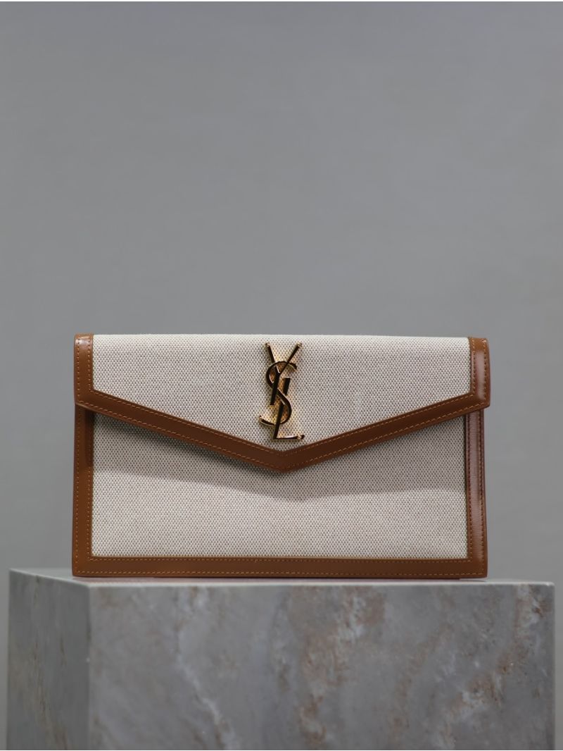 Saint Laurent YSL Uptown Pouch in Canvas and Smooth Leather - Beige