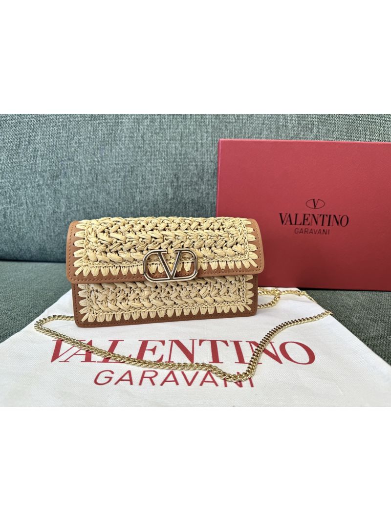 Valentino Garavani VLogo Signature Raffia Wallet with Chain
